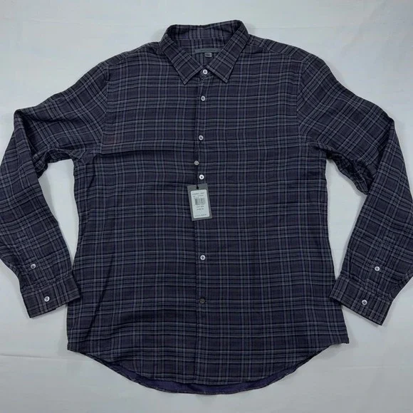 John Varvatos NWT Mens Button Down Shirt XXL Iron Grey Purple Plaid Cotton